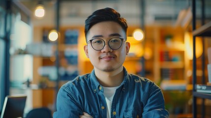 A young Asian man confidently poses in a casual button-up shirt with glasses, set against a vibrant office background - obrazy, fototapety, plakaty