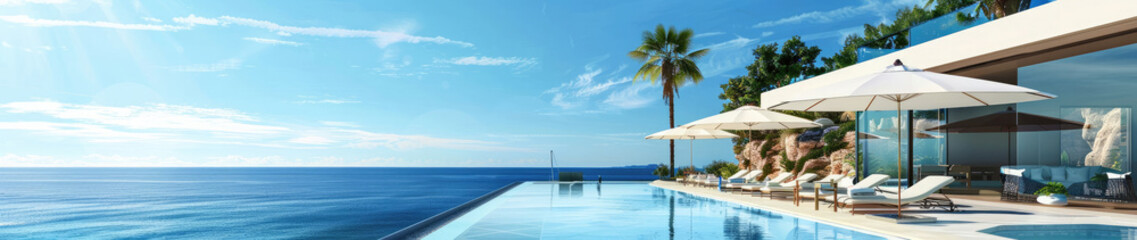 This image encapsulates the essence of relaxation at a luxurious poolside with a breathtaking ocean panorama