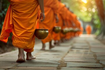 A procession of Buddhist monks in orange robes is captured as they walk in line for alms, showcasing religious devotion