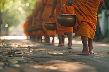 The photograph zooms in on the bare feet of Buddhist monks during an alms ceremony, highlighting the ascetic lifestyle - obrazy, fototapety, plakaty