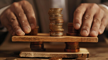 Meticulous hands stack coins on a wooden surface symbolizing financial growth, savings, and investment
