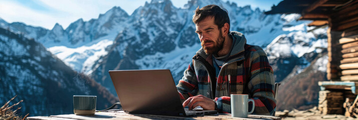 Engaged in work on a laptop, a person sits at a table surrounded by a high alpine village setting - obrazy, fototapety, plakaty