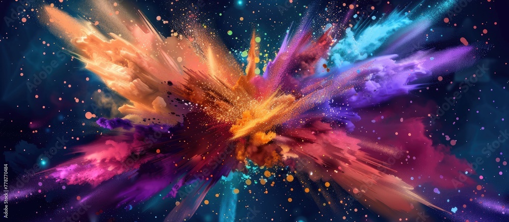Poster a dynamic display of colorful powder exploding dramatically in a dark setting, creating a vivid and 