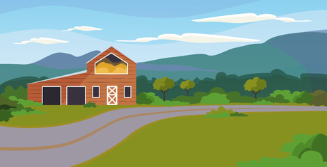 Obraz premium Rural landscape with farm house, country road, green trees, hills and clouds in sky. Vector illustration. Countryside, farm, nature concept