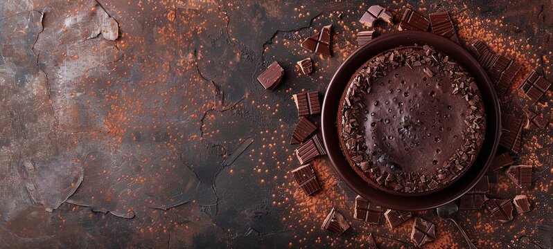 Sweet chocolate cake Spartak. stone background. chocolate chips. view from above. place for text. generative ai