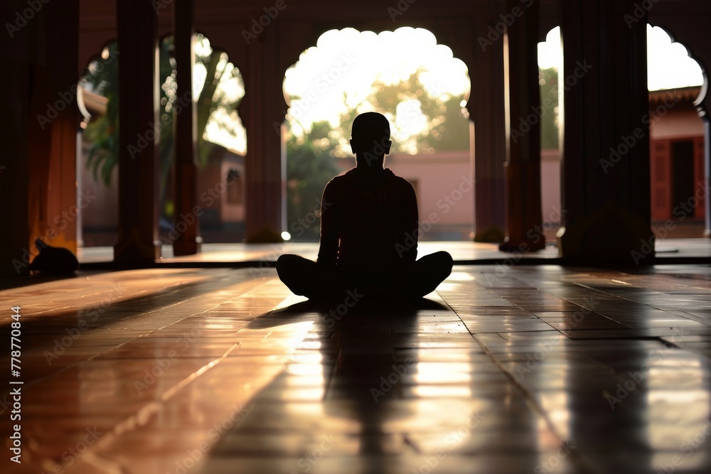 Poster a tranquil silhouette of someone meditating in a peaceful pose against the backdrop of a beautiful s