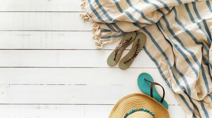 view from above Wooden surface with beach towel, straw hat and flip flops .AI generated image - obrazy, fototapety, plakaty