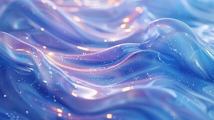 looped festive liquid BG in 4k. Abstract wavy pattern on bright glossy surface, liquid gradient blue color, waves on paint fluid in smooth animation. Glitters on viscous 3d liquid. Creative backdro - obrazy, fototapety, plakaty
