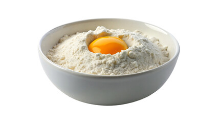 Bowl with flour and egg yolk isolated on transparent background.