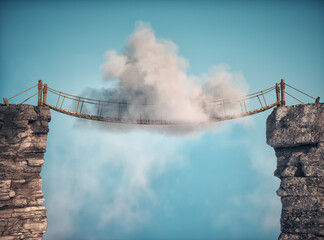 Surreal image of a cloud standing on a rope bridge. - 778771201