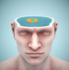 Human head with swimming pool and a lifebuoy. - 778771206