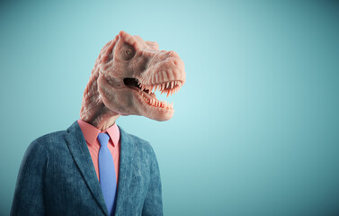 Man with a dinosaur head. The concept of decision-making, aggressiveness and power in business. - obrazy, fototapety, plakaty