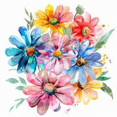 Watercolor clipart of blooming summer flowers, vivid colors on white background
