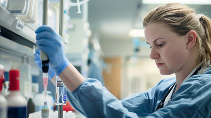Mujer doctor científico analizando muestra de química en laboratorio de investigación de...