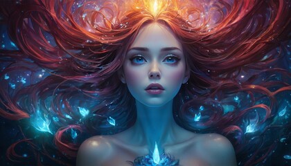 A mesmerizing digital portrait of a woman with vibrant, flowing hair imbued with celestial elements, evoking a sense of cosmic elegance.. AI Generation