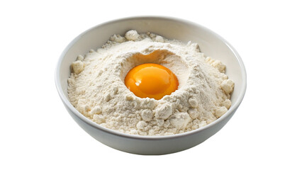 Bowl with flour and egg yolk isolated on transparent background.