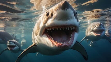 Close-up photo of a shark gaping underwater - obrazy, fototapety, plakaty