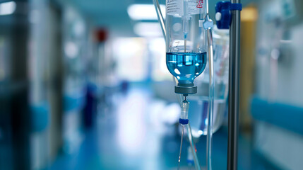 Equipo de botella de goteo intravenoso en el pasillo de un hospital para medicina o cuidados. Tratamiento de gota para quimioterapia en clínica hospitalaria
