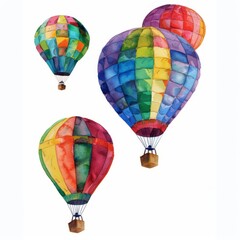 Watercolor hot air balloons in a clear summer sky, on white background