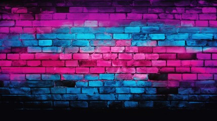 Brick wall background with neon lighting effect pink purple and blue. glowing lights on empty brick wall background