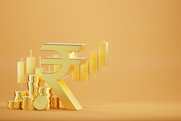 3D rendering Indian Rupee sign, indian rupee sign and golden coin, Financial and banking about house concept, Investment and financial success concept background. - 778771687