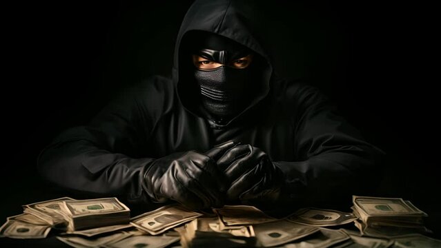 Portrait man thief wearing a black hood shirt, standing hand holding gun and money cash, counting the amount obtained from hijacking or robbing	