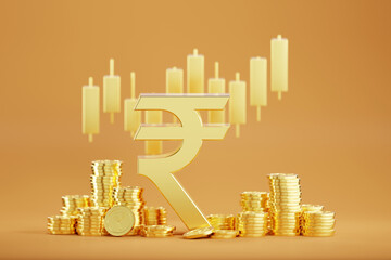 3D rendering Indian Rupee sign, indian rupee sign and golden coin, Financial and banking about house concept, Investment and financial success concept background. - 778771811