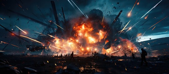 A man stands in front of a large explosion - obrazy, fototapety, plakaty