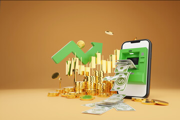 3D rendering ATM on smartphone screen ,green an arrow and gold coins, intricately integrated into the scene, signifies financial abundance and successful investments. - 778772459