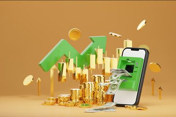 3D rendering ATM on smartphone screen ,green an arrow and gold coins, intricately integrated into the scene, signifies financial abundance and successful investments. - 778772463
