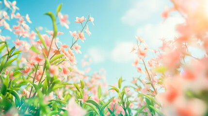 spring banner of fresh green grass and flowers in nature. blurred background, space for text - obrazy, fototapety, plakaty