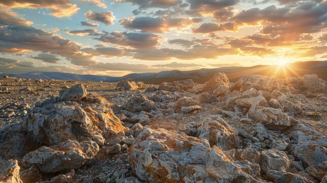 Beautiful view of sunset on rocky land.AI generated image