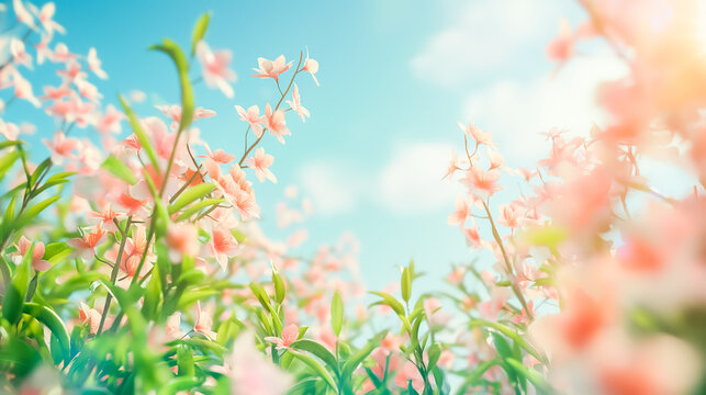spring banner of fresh green grass and flowers in nature. blurred background, space for text