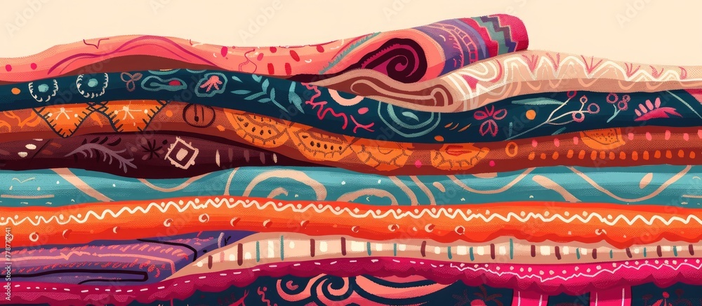 Poster a vibrant display of colorful fabrics showcasing various patterns and shades, including magenta and 
