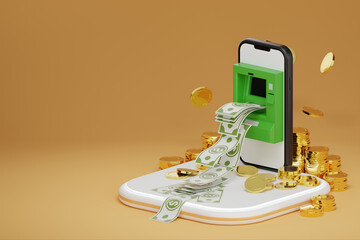 3D rendering ATM with dollar bill on smartphone screen and gold coins, intricately integrated into the scene, signifies financial abundance and successful investments. - 778772657