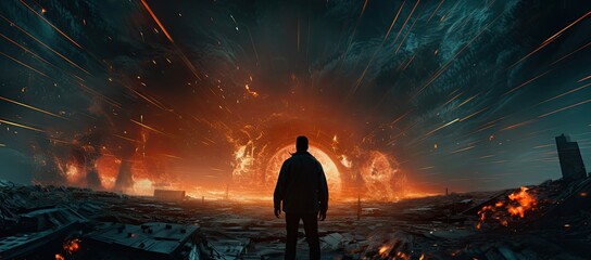 A man stands in front of a huge explosion. The scene was dark and chaotic, with rubble and fire everywhere. - obrazy, fototapety, plakaty