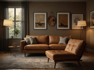 Timeless Elegance, Mid Century Modern Living Room with Tan Leather Sofa