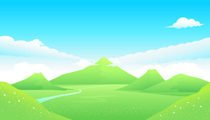 Panorama view with green mountain landscape and blue sky with cloud.