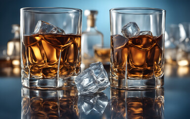 Two glasses of whisky with ice and decanter on a blue background