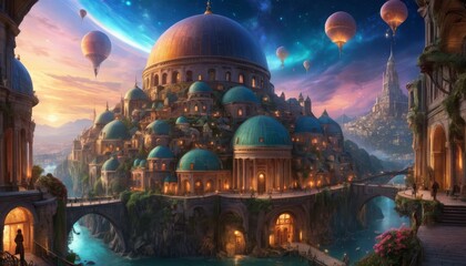 A magical city with teal domes basks under a sunset sky, with hot air balloons drifting above the tranquil river and majestic architecture.. AI Generation - obrazy, fototapety, plakaty
