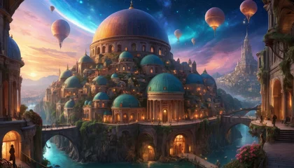 Foto op Canvas A magical city with teal domes basks under a sunset sky, with hot air balloons drifting above the tranquil river and majestic architecture.. AI Generation © Anastasiia