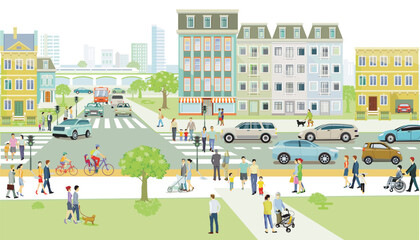 Stadtsilhouette einer Stadt mit Verkehr  und Personen, illustration - 778773414
