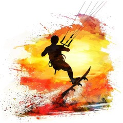 Clipart of a kitesurfer silhouette at sunset, dynamic colors, watercolor on white background