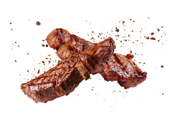 Pork steak with spices isolated on a white or transparent background. Grilled pork chops, beef steaks, grilled pieces of meat flying in the air. Barbecue meat graphic element. - obrazy, fototapety, plakaty