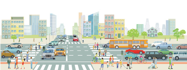 Stadtsilhouette einer Stadt mit Verkehr  und Personen, illustration - 778773453