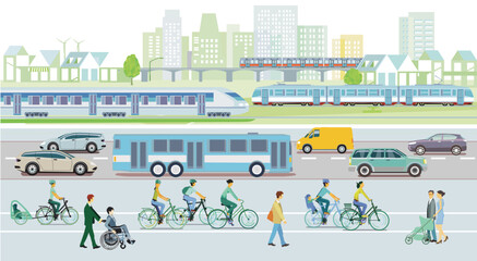 Bahnverkehr und Straßenverkehr mit Menschen  Illustration - 778773455