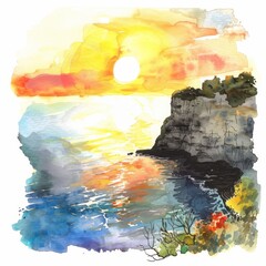 Clipart of a sea cliff view with a panoramic ocean sunset, watercolor on white background