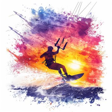 Clipart of a kitesurfer silhouette at sunset, dynamic colors, watercolor on white background