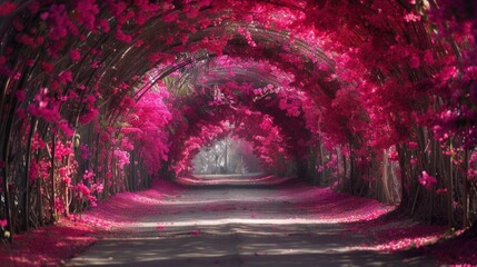 Very beautiful tunnel of pink flowers.AI generated image