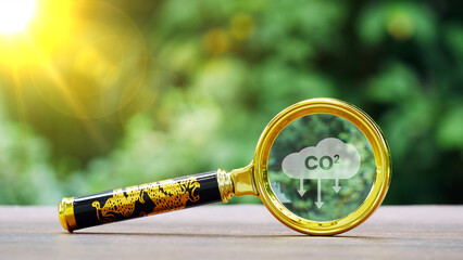 CO2 icon behind a magnifying glass on a blurred background of green plants. Concept to limit global...